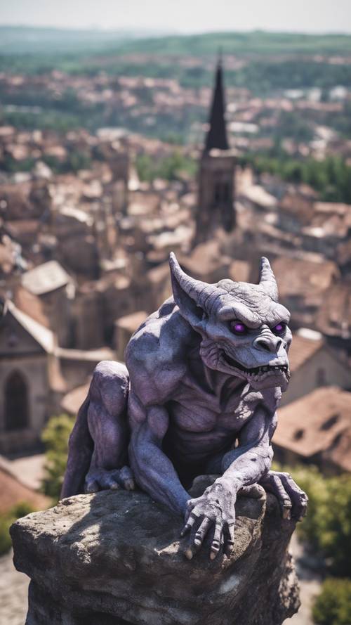 A revered, massive gargoyle, with cracked stone skin and glowing amethyst eyes overseeing a sleepy village below from atop an ancient cathedral.