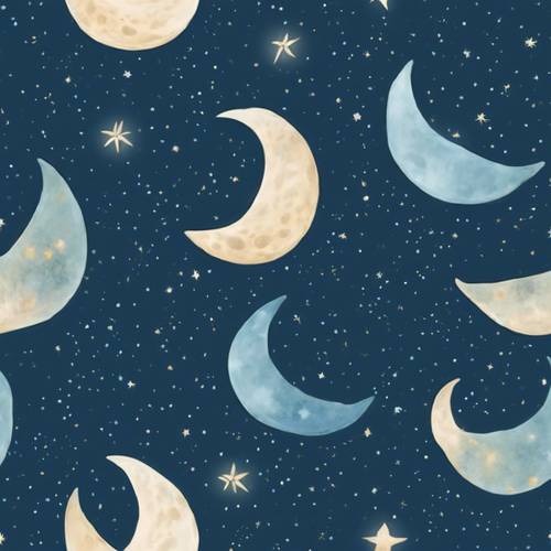 Seria błękitnych półksiężyców oświetlających wieczne nocne niebo marzycielskim, płynnym wzorem.