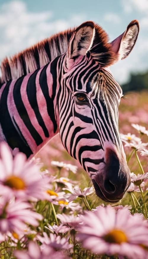 Seekor zebra merah muda bermain-main di ladang bunga aster di bawah langit cerah.