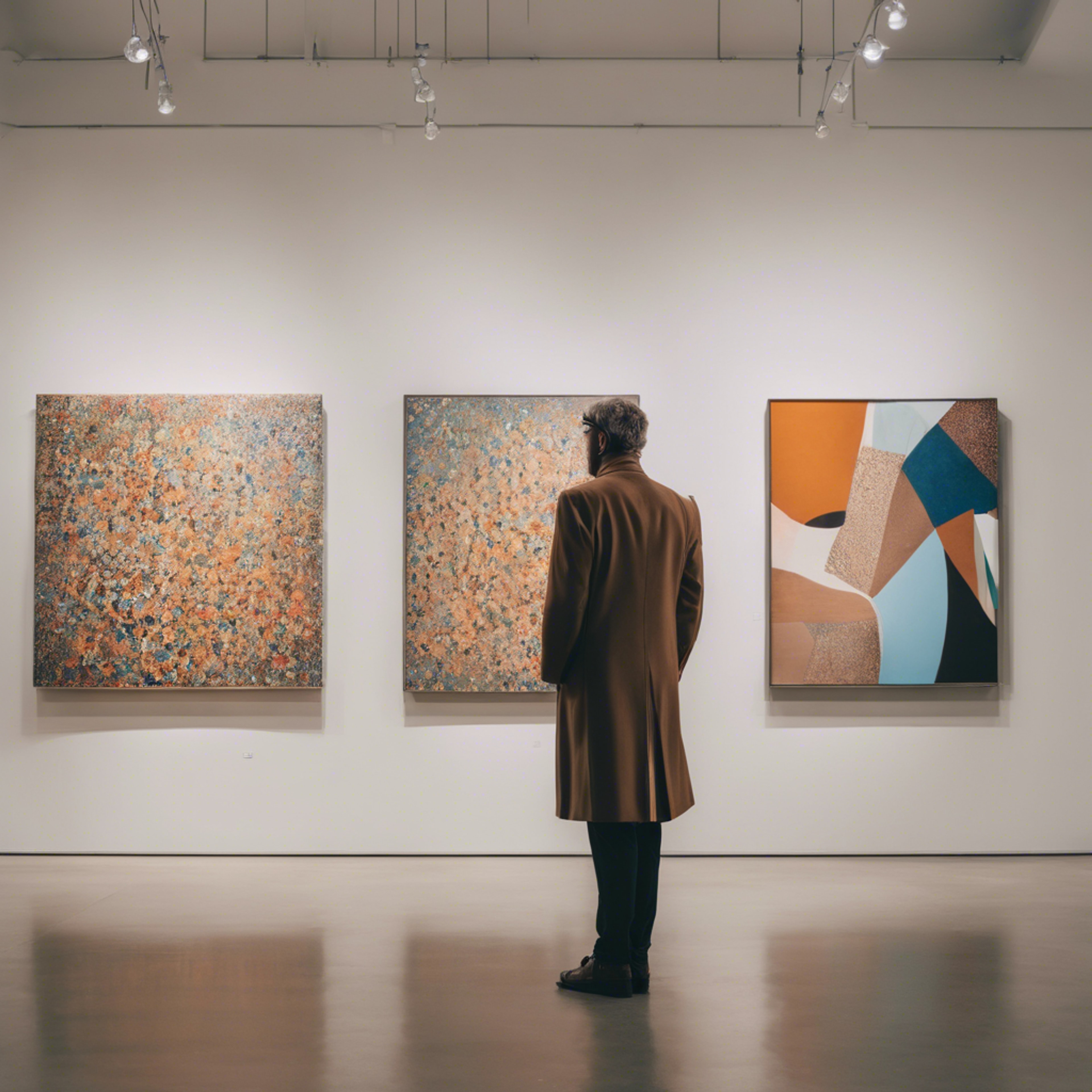 A man in stylish attire thoughtfully looking at modern art in a contemporary art gallery. Wallpaper[99be8f05528d4b8e8701]