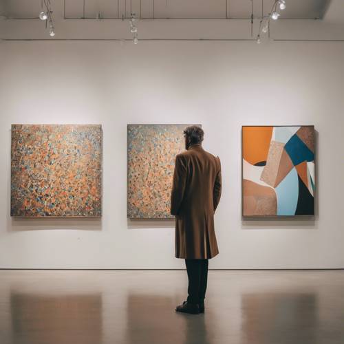 Şık kıyafetli bir adam, çağdaş bir sanat galerisinde düşünceli bir şekilde modern sanata bakıyor.