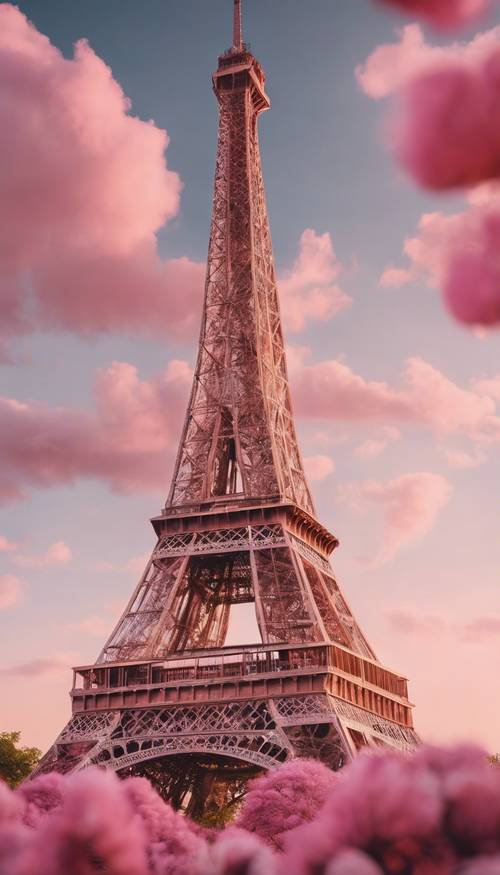 Une représentation artistique de la Tour Eiffel, peinte dans différentes nuances de rose au coucher du soleil.