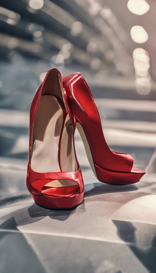 Пара крутых красных туфель на высоком каблуке на подиуме.