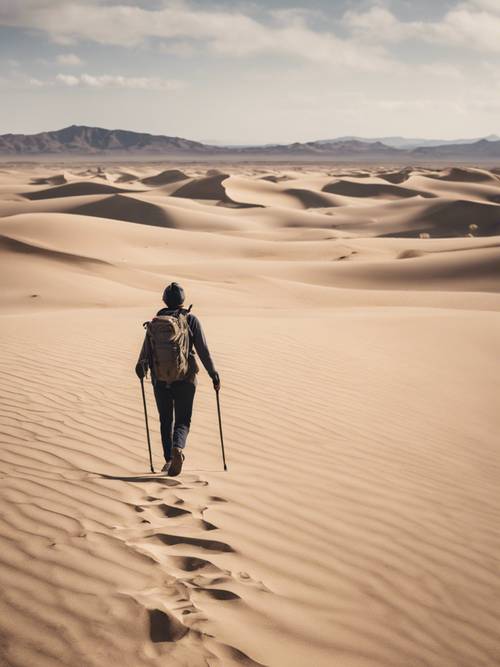 One single person hiking a vast desert, symbolizing struggle and resilience in weight loss.