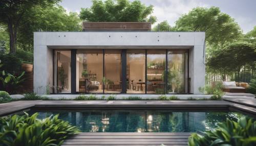 Projeto de um arquiteto moderno apresentando uma casa verde e ecológica com tecnologia de ponta.