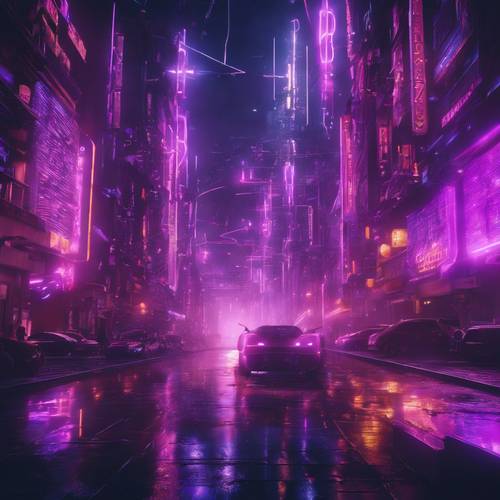 Pemandangan dari kota futuristik di mana nyala api berwarna ungu neon menerangi jalanan.