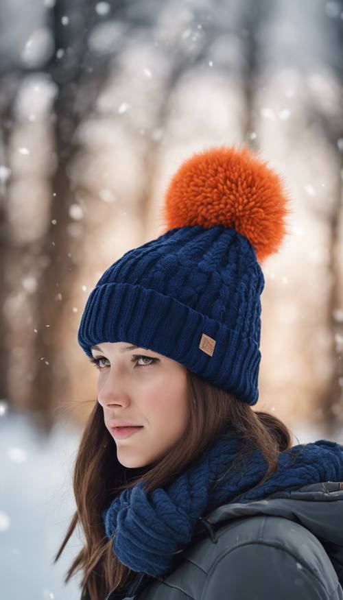 Темно-синяя шапка с оранжевым помпоном на заснеженном фоне.