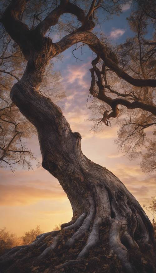 夕焼けの空に輝く空洞の木の幹