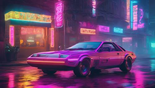 Une voiture de style vintage améliorée avec la technologie cyberpunk, tournant au ralenti dans une rue brumeuse éclairée par des enseignes au néon.