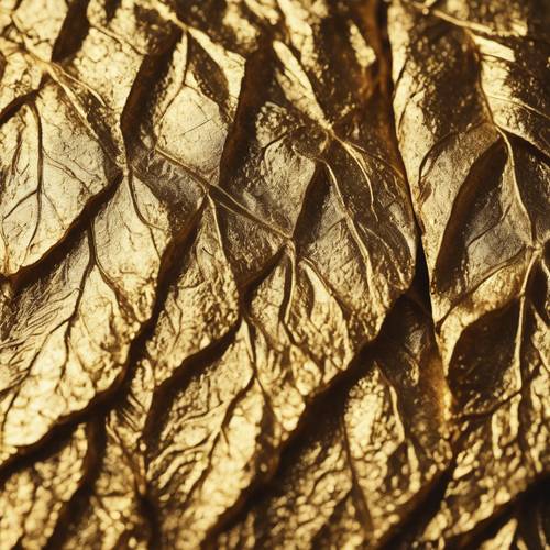 Tampilan daun emas bertekstur dari dekat, uratnya menonjol dan disorot oleh sinar matahari pagi.