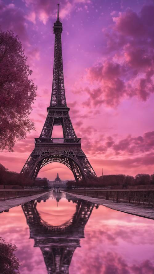 아름다운 분홍빛과 보라색 일몰을 배경으로 에펠탑의 실루엣이 그려져 있습니다