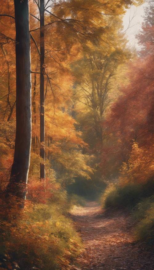 秋の美しい森の風景画の壁紙 - ほのかな午後の光に包まれた色とりどりの森景色