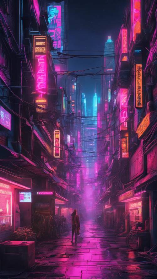 Un callejón oscuro en un bullicioso paisaje urbano ciberpunk, resplandeciente con vibrantes anuncios de neón.