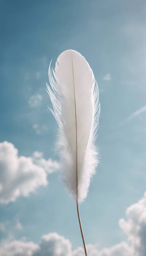 A single white feather floating gently against a bright sky with fluffy white clouds. Wallpaper [fbc3ff00695c419489a0]