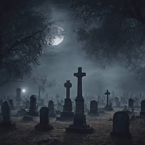 Uma densa neblina cobrindo um cemitério gótico sob a lua cheia.
