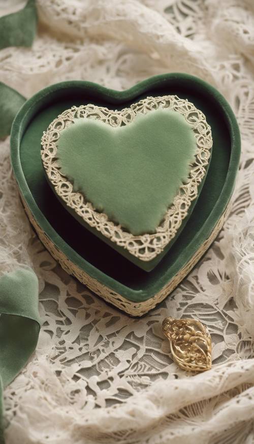 A sage green heart-shaped box made of velvet, lying on a cream-colored lace tablecloth.