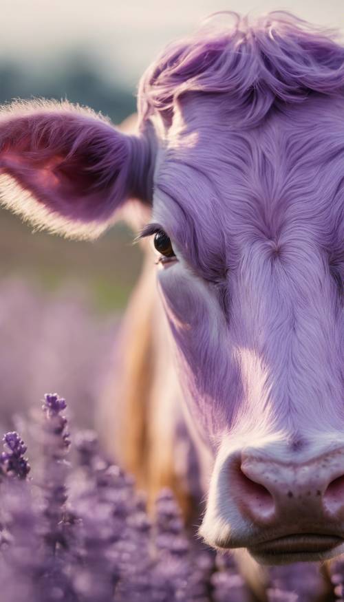 „Eine Nahaufnahme einer majestätischen lavendelfarbenen Kuh mit glatten, glänzenden Hörnern.“