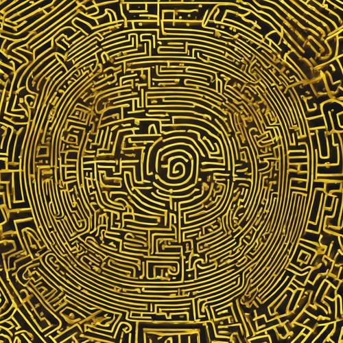 Ein geometrisch ansprechendes Labyrinthmuster, gezeichnet mit goldenen Linien auf einem sonnenblumengelben Hintergrund.