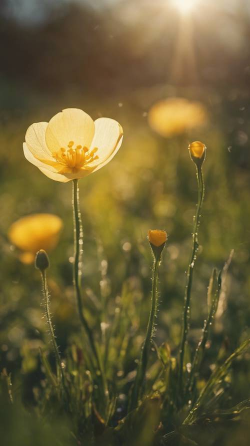 Una flor de botón de oro en plena floración iluminada por la luz del sol de la mañana.