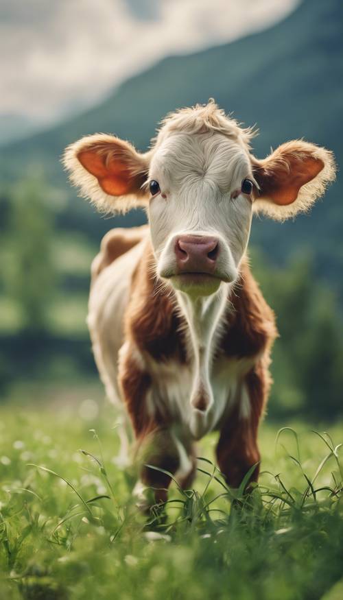可愛らしい赤ちゃんの子牛がリボンを頭につけて、美しい牧草地で新鮮な緑の草を食べる姿