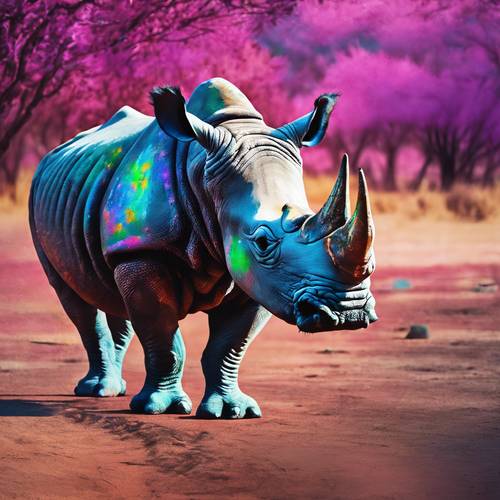 A vibrant artwork showing a rhino with iridescent, multicolor skin. Tapet [541cf22d8ade44b7a8da]
