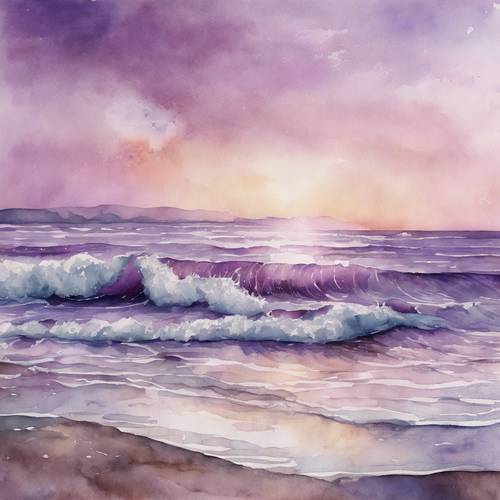 صورة بالألوان المائية لبحر صباحي هادئ، تتألق الأمواج بظلال مختلفة من اللون الأرجواني والبرقوق.