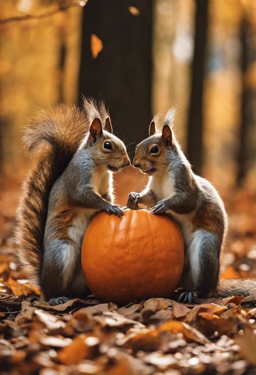 Three squirrels feasting on a ripe pumpkin, surrounded by fallen autumn leaves in a quiet forest. Tapeta [f1c729d6cb804cd4827a]