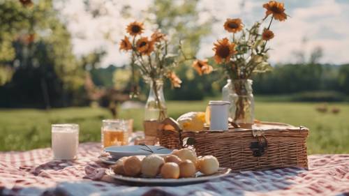 A cottagecore-inspired scene of picnic with a checkered linen tablecloth.