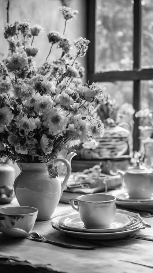 A black and white still life photo of a laid-back morning breakfast table adorned with a vase full of garden flowers.