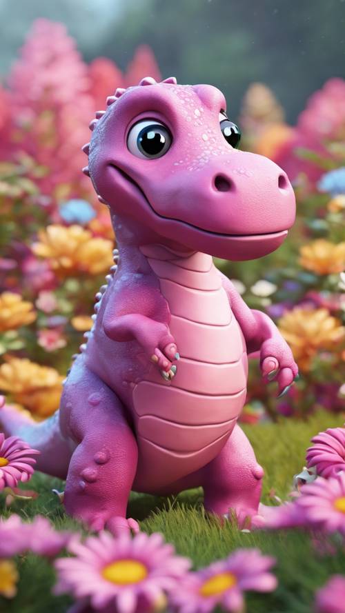 A cartoonish illustration of a cute pink dinosaur playing in a field filled with colorful flowers.