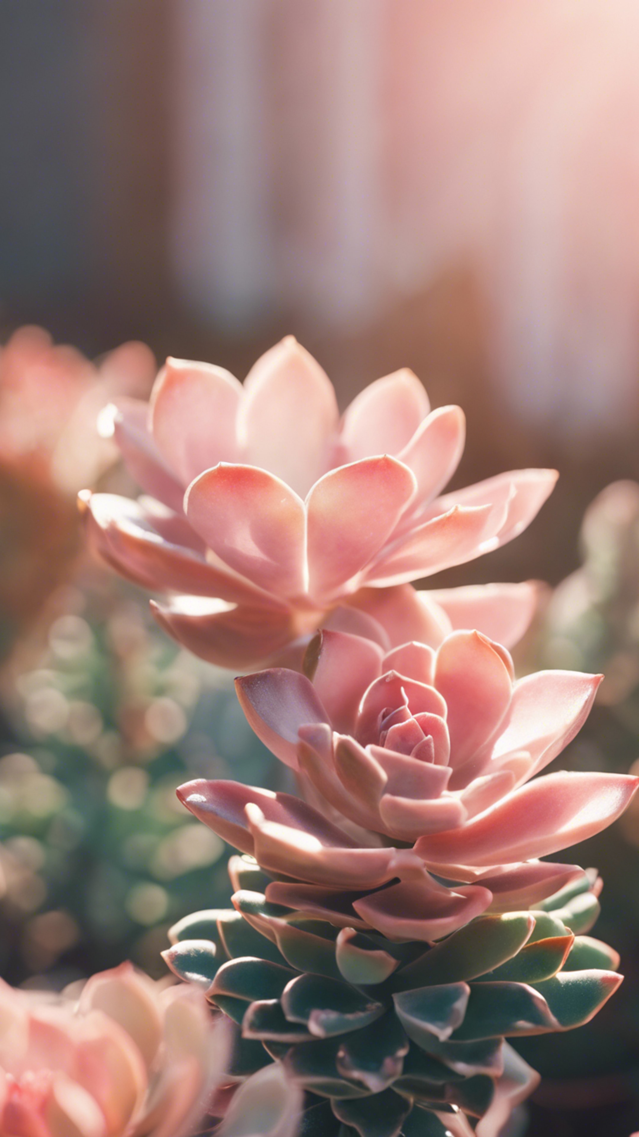 A close-up view of a preppy pastel pink succulent plant bathed in gentle morning sunshine. Taustakuva[96679d4148894c129b05]