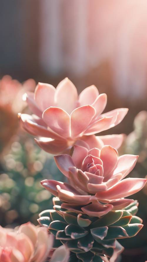 A close-up view of a preppy pastel pink succulent plant bathed in gentle morning sunshine.