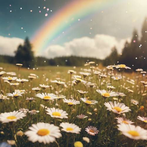 A dreamy landscape of a meadow sprinkled with retro daisies under a bright rainbow