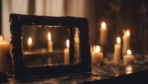 A distressed black mirror in a room filled with flickering candles, exuding an aura of mystery and foreboding.