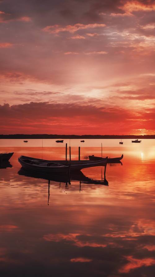 Un vivido tramonto rosso e arancione su un lago sereno, con sagome di piccole imbarcazioni che galleggiano sulle acque calme.
