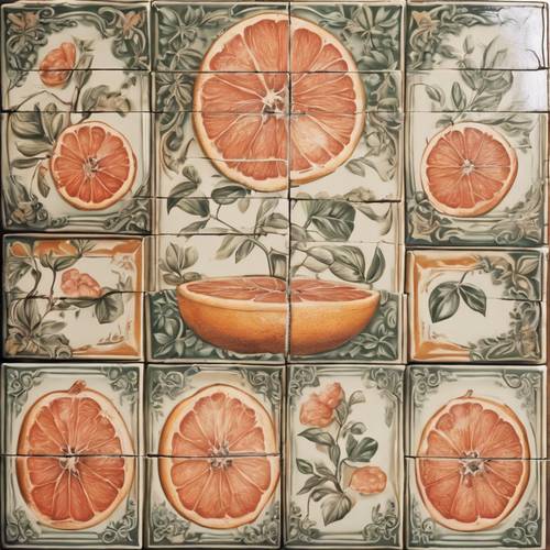 Vintage ceramic tiles with grapefruit motifs in a rustic French country kitchen