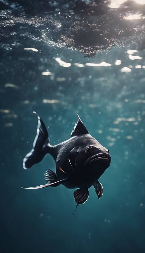 Um peixe preto nadando livremente nas profundezas do oceano.