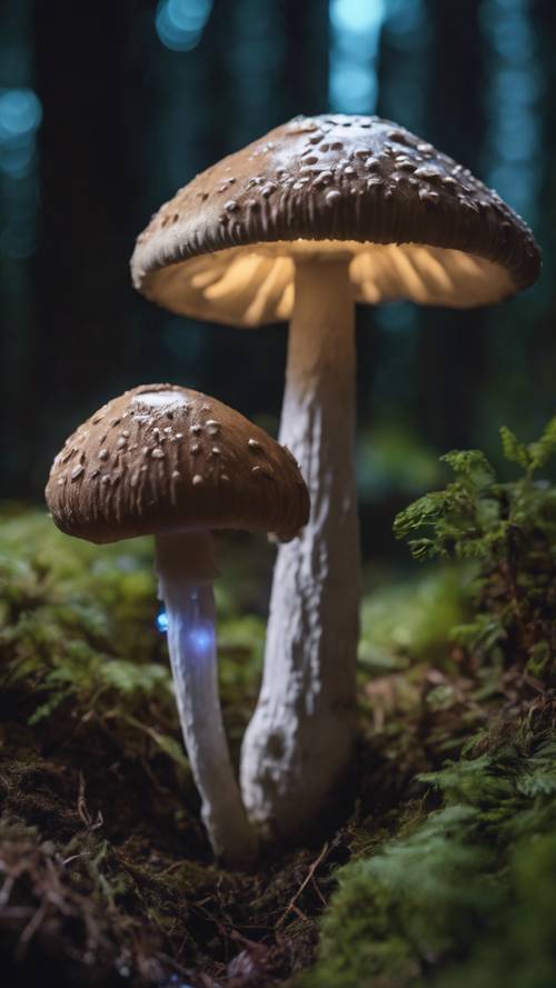 Ein verzauberter, ausgehöhlter Pilz, aus dessen Inneren sanft leuchtende Lichter strahlen, eingebettet in einen mondbeschienenen Wald.