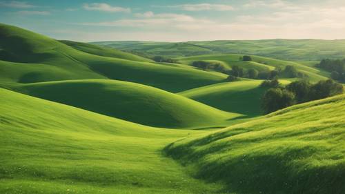 Un paesaggio sereno di dolci colline verdi sotto un cielo azzurro brillante.