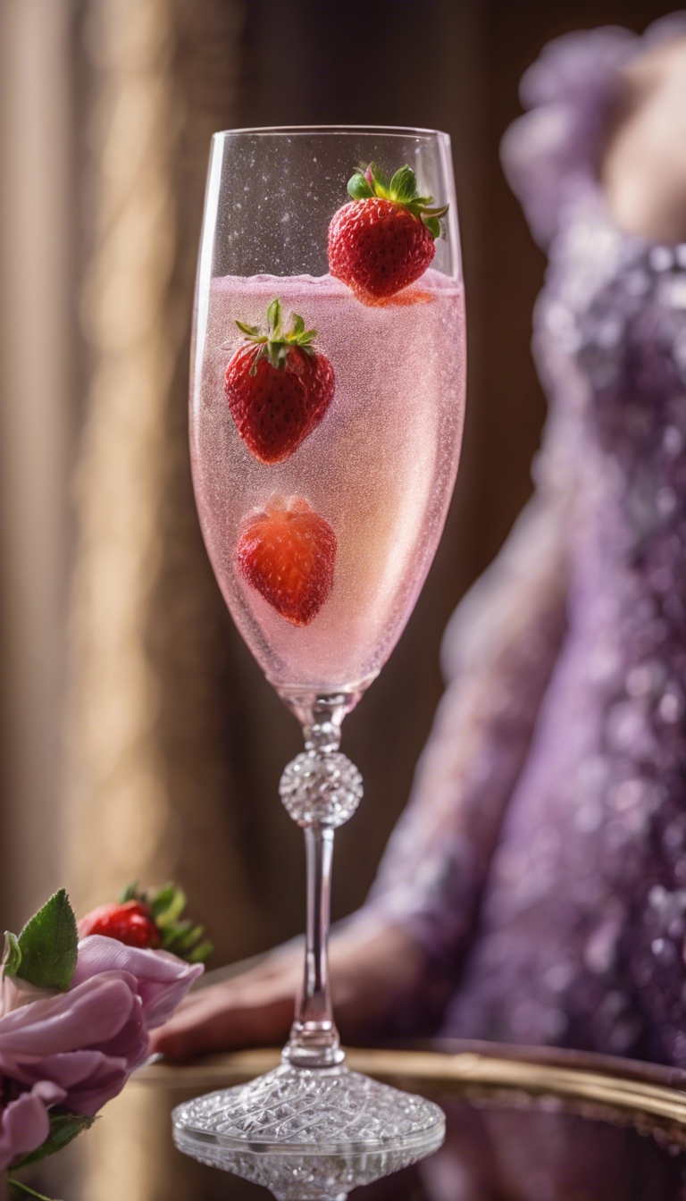 Strawberry infused champagne bubbling in a ornate glass held by a renaissance duchess in a luxuriant lilac gown duvar kağıdı[46596e73b2844f2b8384]