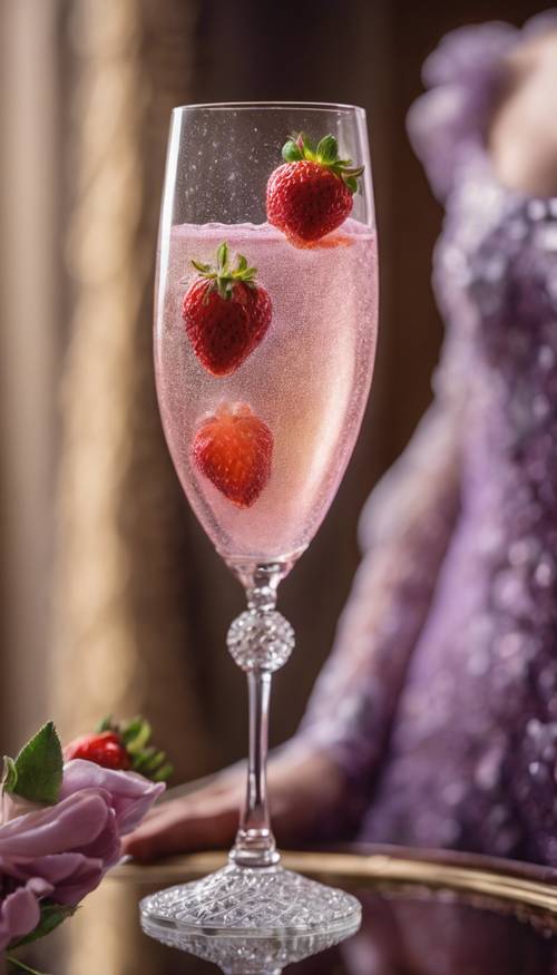 Strawberry infused champagne bubbling in a ornate glass held by a renaissance duchess in a luxuriant lilac gown