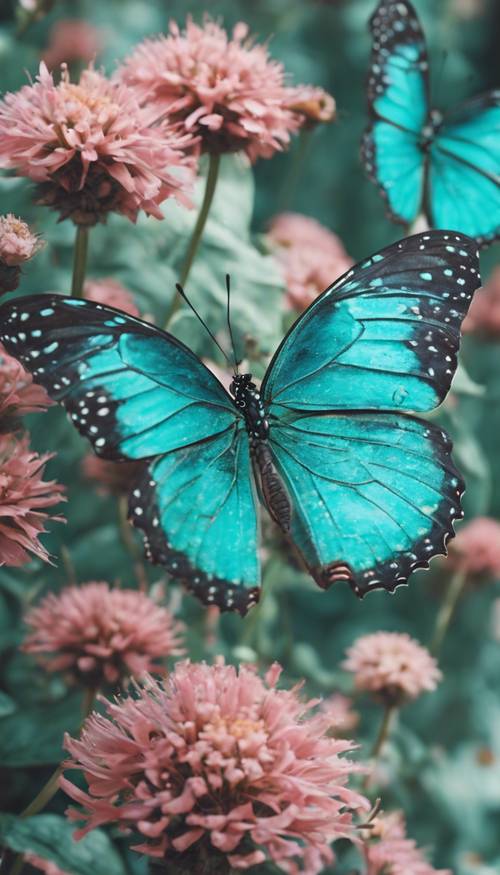 A group of turquoise butterflies gathered on a blooming flower in a lush garden.