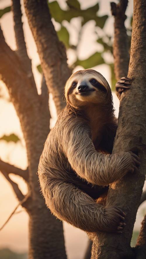 An impressive sloth climbing to the top of a high tree at sunrise.