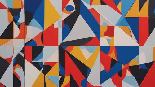 Крупный план абстрактной минималистской картины с резкими геометрическими элементами в ярких основных цветах.
