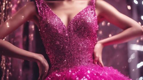 Lussuosi glitter rosa shocking adornano un abito da sera glamour.