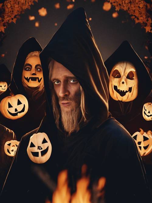 Przerażające postacie w czarnych szatach, z twarzami ukrytymi pod kapturami, wokół Halloweenowego ogniska.