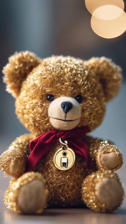 A teddy bear holding a shiny golden key.