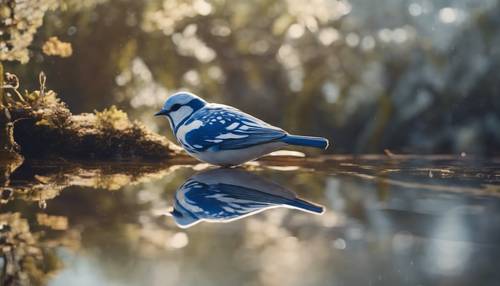 A plump and poised blue and white bird, gazing into a crystal clear pond, with its reflection mirrored perfectly.