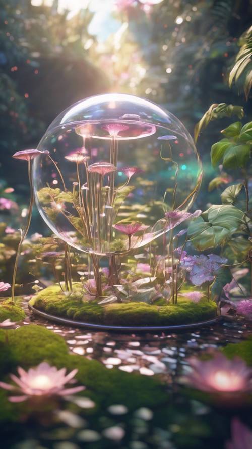 Taman meditasi futuristik yang damai dan tenteram dengan tanaman holografik terapung.