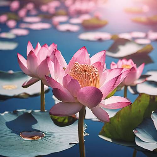 Bunga teratai merah muda mengambang di danau biru yang tenang.